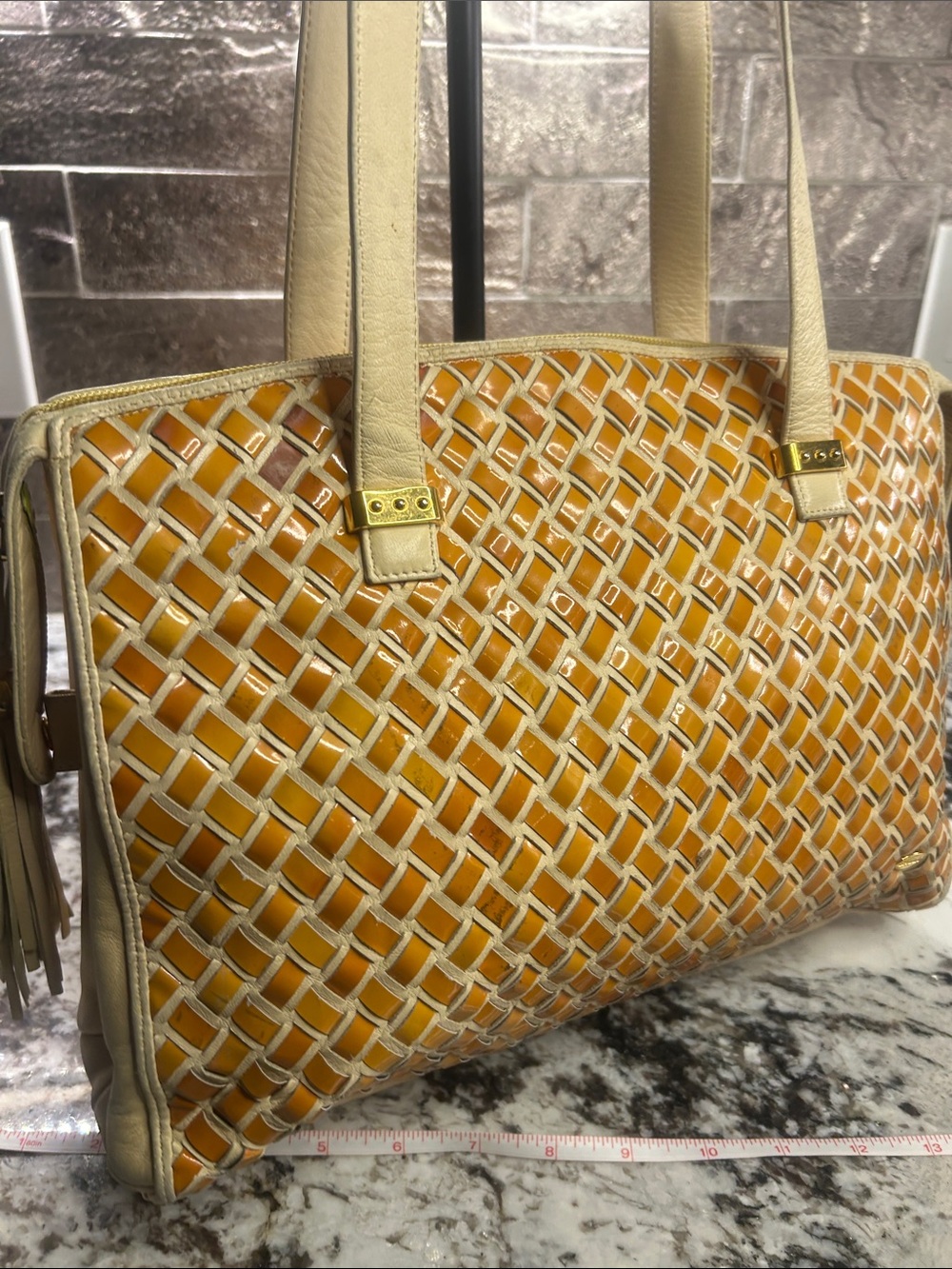 Bally Yellow & Cream Woven Shoulder Tote